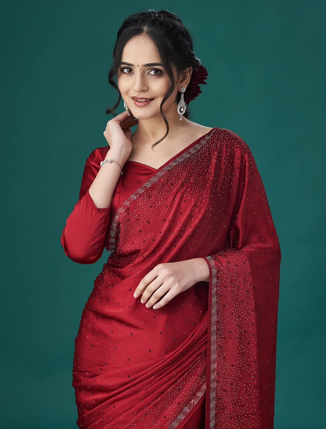 Women's Heavy Satin silk Purple Colors Siroski work Saree with Unstitched Blouse Piece