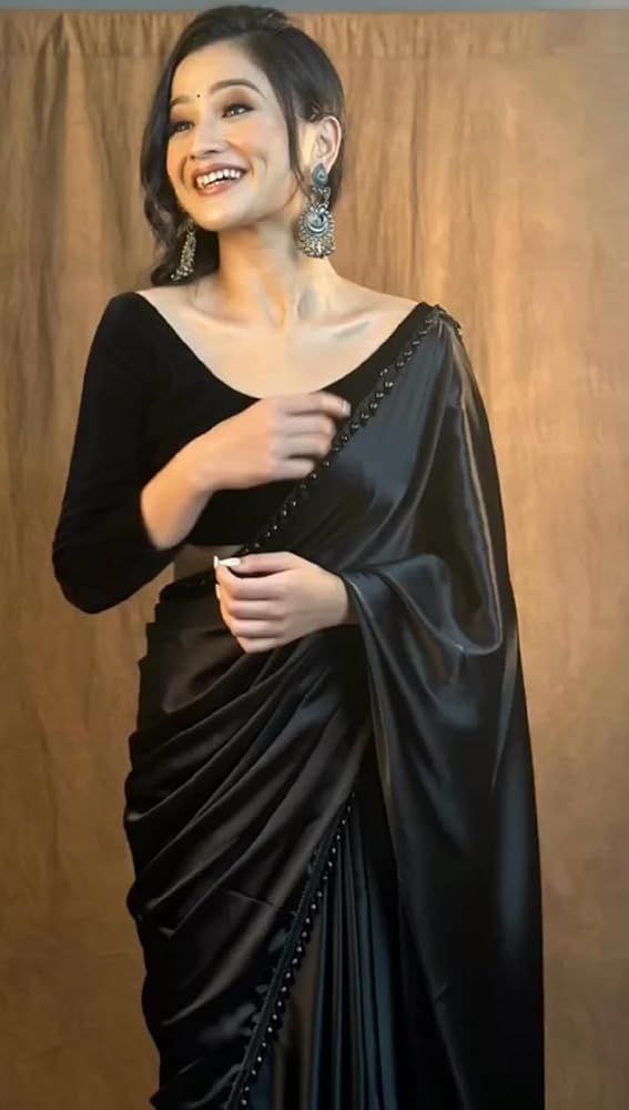 MOHINI BLACK Women's Ready to Wear Black Satin Silk 1 Minute Pre Pleated Heavy Saree With Hand Work Lace