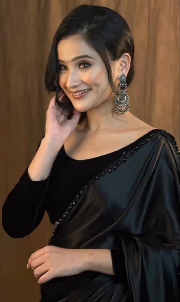 MOHINI BLACK Women's Ready to Wear Black Satin Silk 1 Minute Pre Pleated Heavy Saree With Hand Work Lace