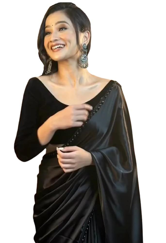 MOHINI BLACK Women's Ready to Wear Black Satin Silk 1 Minute Pre Pleated Heavy Saree With Hand Work Lace
