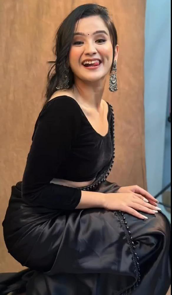 MOHINI BLACK Women's Ready to Wear Black Satin Silk 1 Minute Pre Pleated Heavy Saree With Hand Work Lace