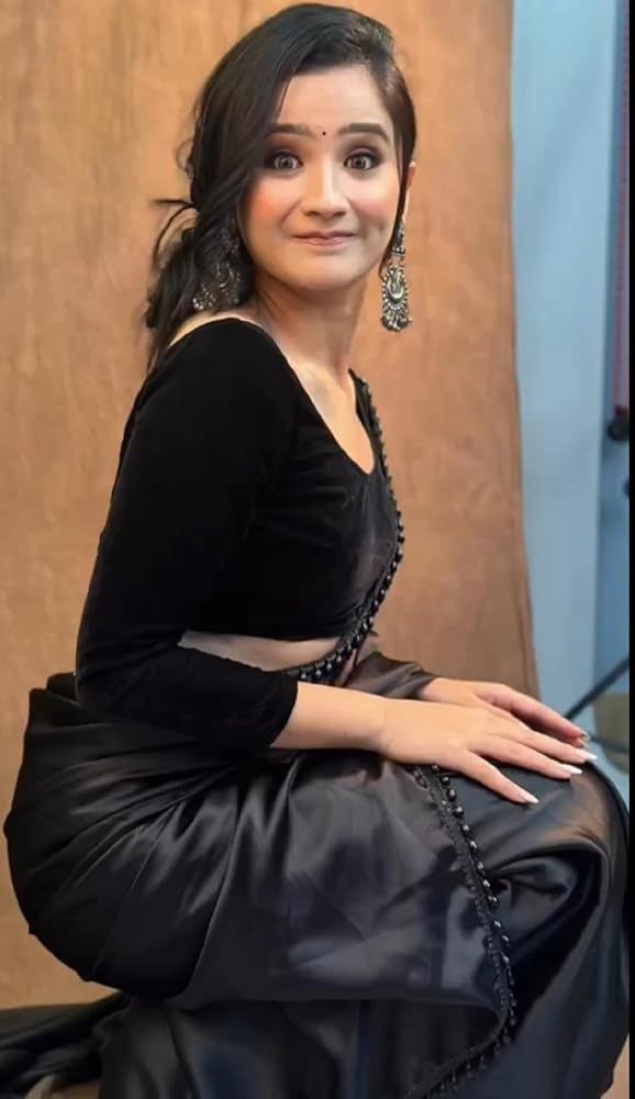 MOHINI BLACK Women's Ready to Wear Black Satin Silk 1 Minute Pre Pleated Heavy Saree With Hand Work Lace