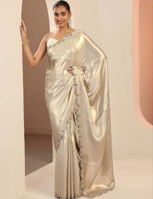 Women's Satin Slub Silk Golden Color with Siroski work Saree with Cut Work Unstitched Blouse Piece