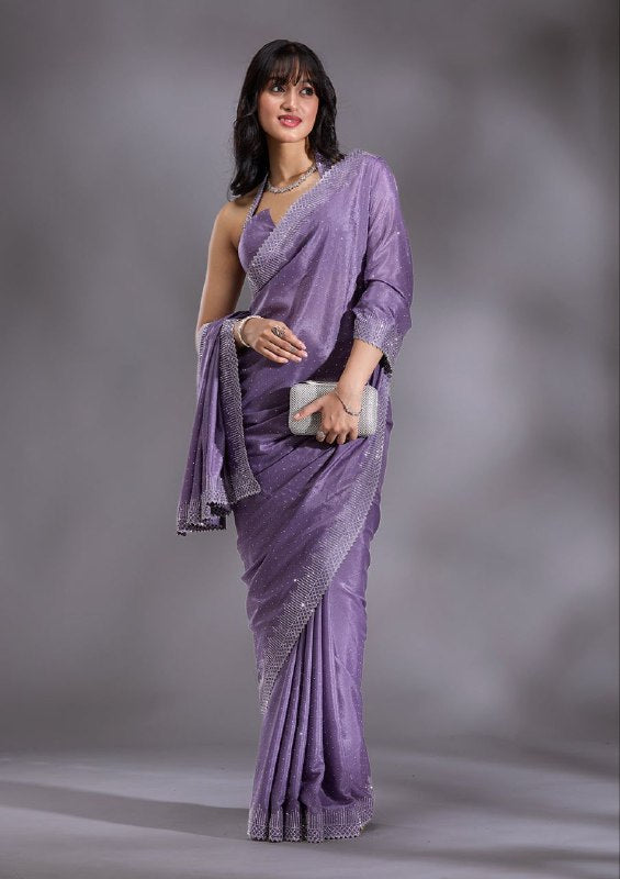 Women's Heavy Satin silk Lavender Colors Siroski work Cut work Saree with Unstitched Blouse Piece
