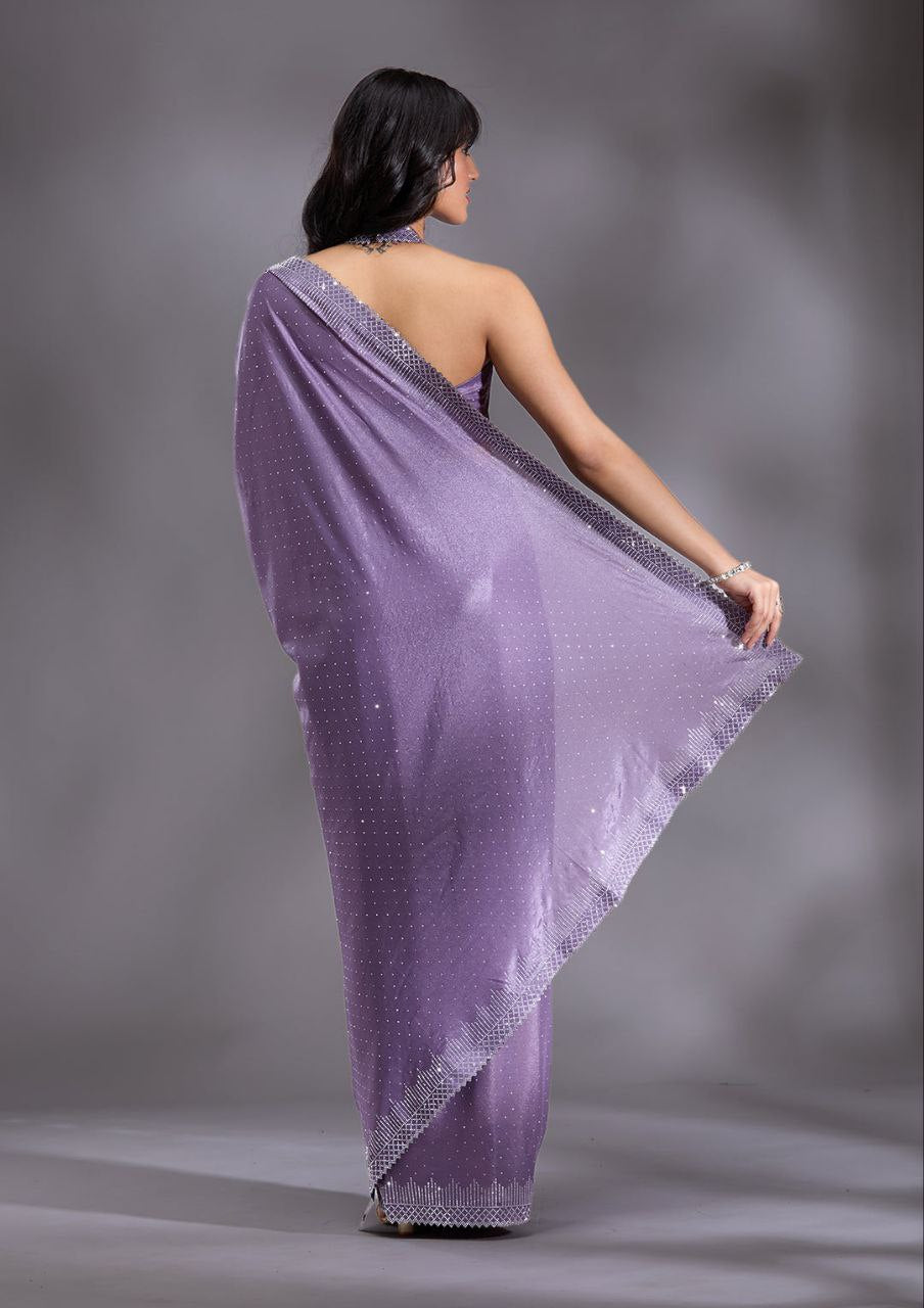 Women's Heavy Satin silk Lavender Colors Siroski work Cut work Saree with Unstitched Blouse Piece