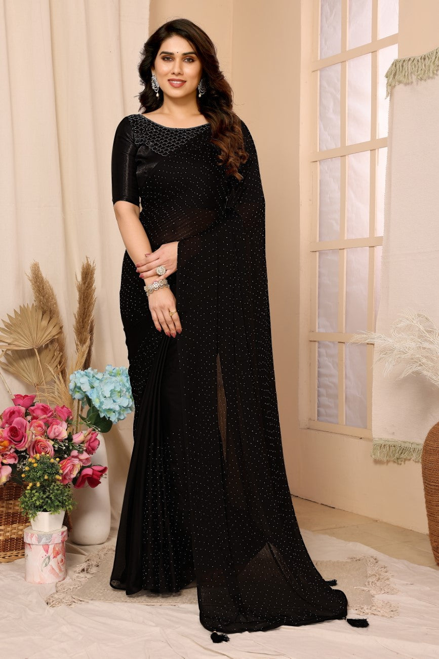Bollywood Women's Hot Fixing Poly Satin Saree (Black) Saree with Unstitched PARTYWEAR SAREE