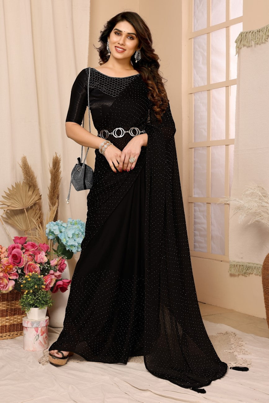 Bollywood Women's Hot Fixing Poly Satin Saree (Black) Saree with Unstitched PARTYWEAR SAREE