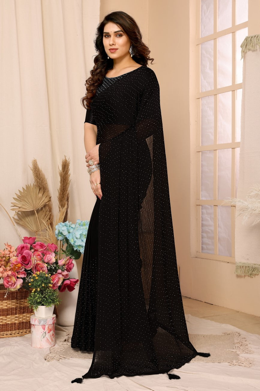 Bollywood Women's Hot Fixing Poly Satin Saree (Black) Saree with Unstitched PARTYWEAR SAREE