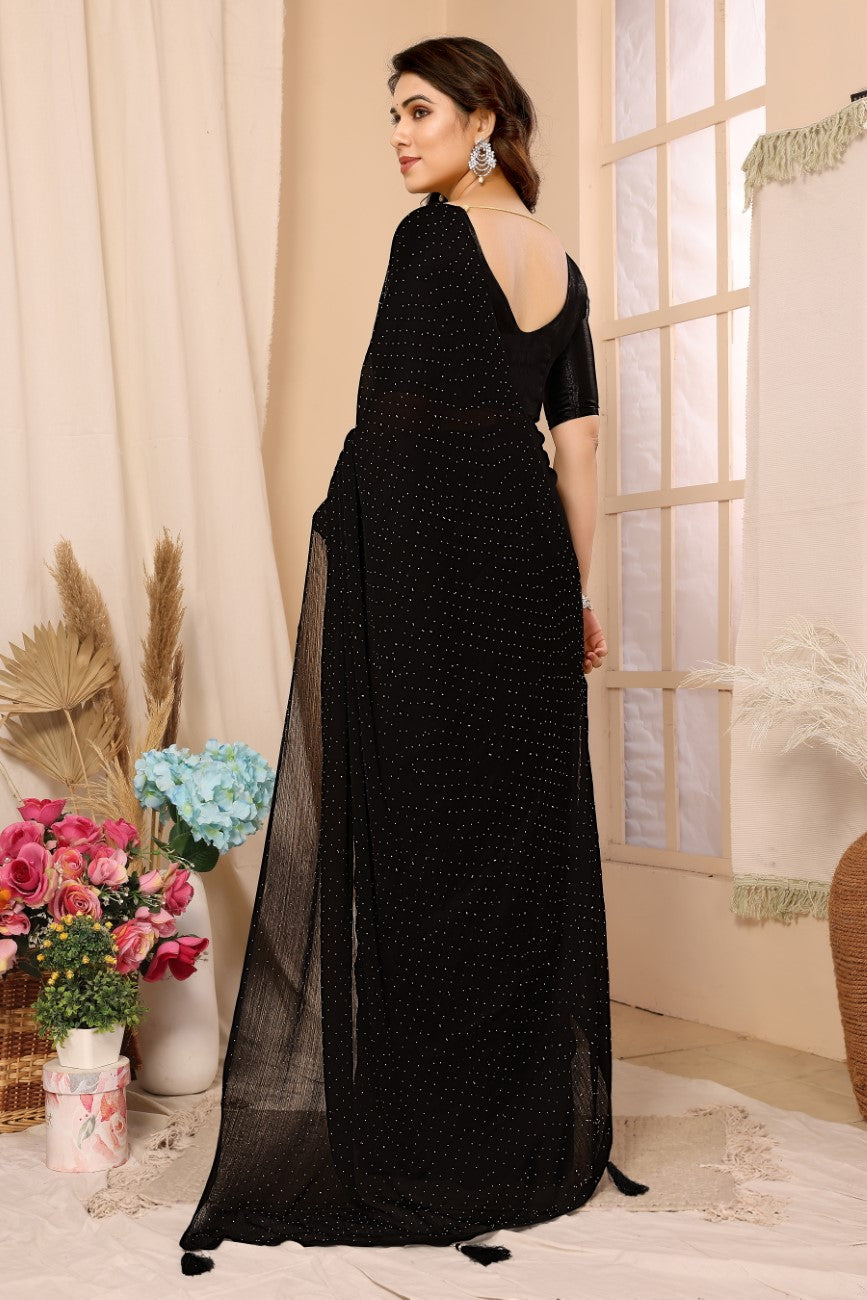 Bollywood Women's Hot Fixing Poly Satin Saree (Black) Saree with Unstitched PARTYWEAR SAREE