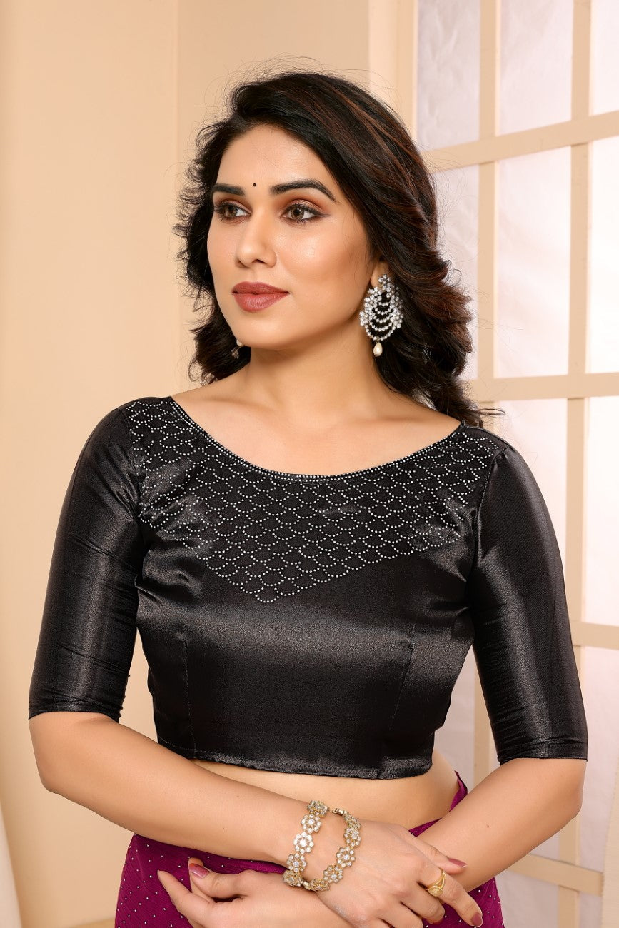 Bollywood Women's Hot Fixing Poly Satin Saree (Black) Saree with Unstitched PARTYWEAR SAREE