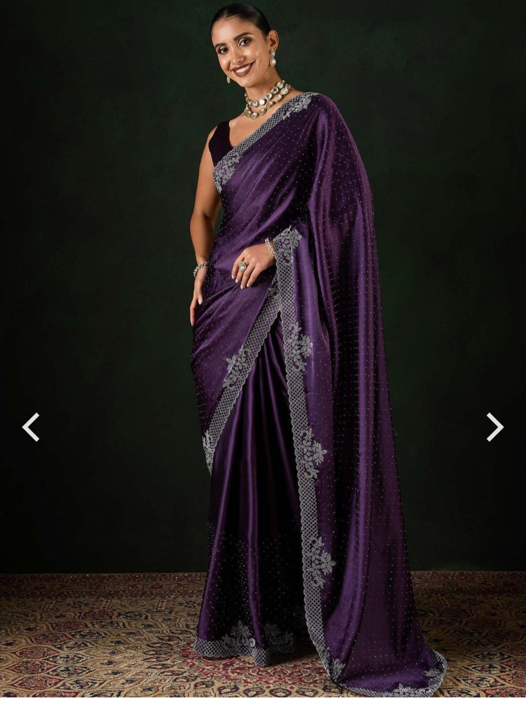 Ethnic Plus Purple Swarovski Work Party Wear Saree Siroski Wrok Lace border SATIN Silk Saree