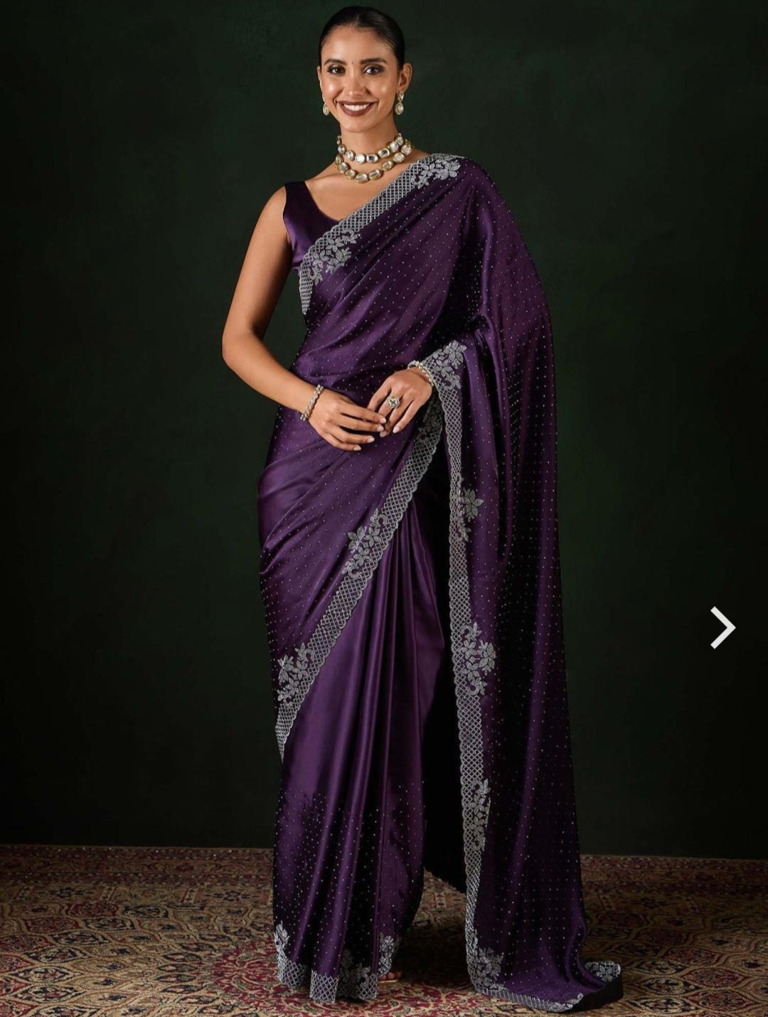 Ethnic Plus Purple Swarovski Work Party Wear Saree Siroski Wrok Lace border SATIN Silk Saree