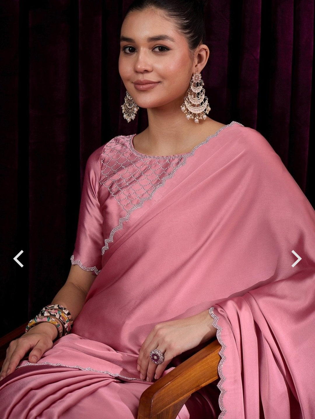 Women's Satin Silk Black color Zarkan work Saree with Blouse Piece Saree for Women Pink