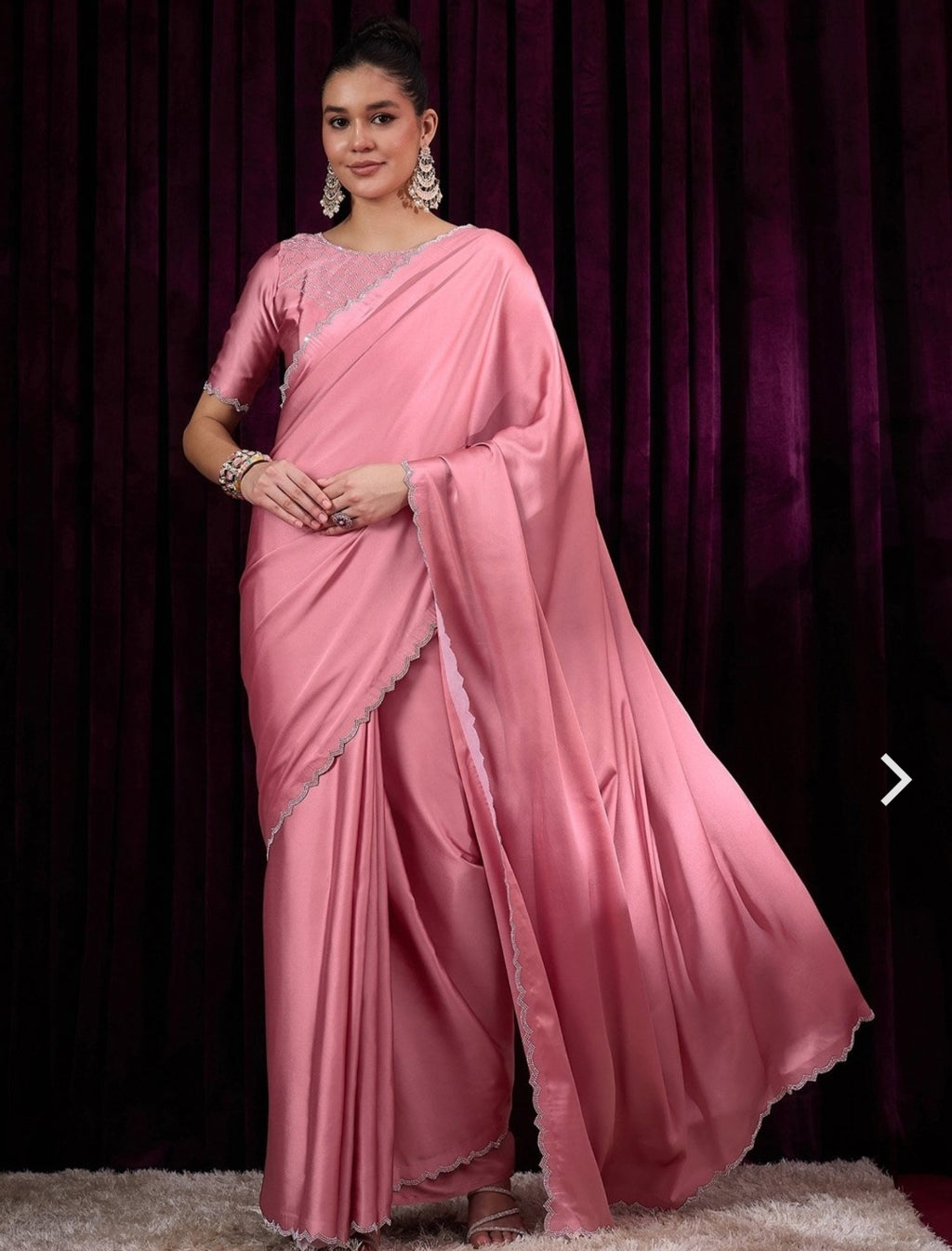 Women's Satin Silk Black color Zarkan work Saree with Blouse Piece Saree for Women Pink