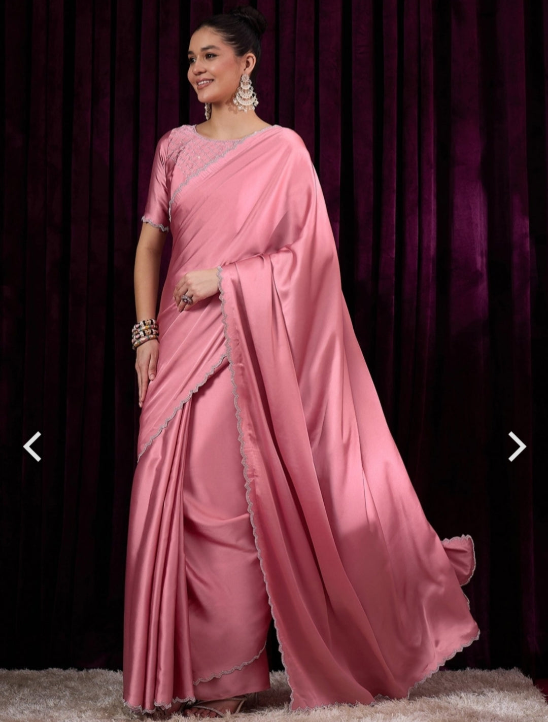 Women's Satin Silk Black color Zarkan work Saree with Blouse Piece Saree for Women Pink