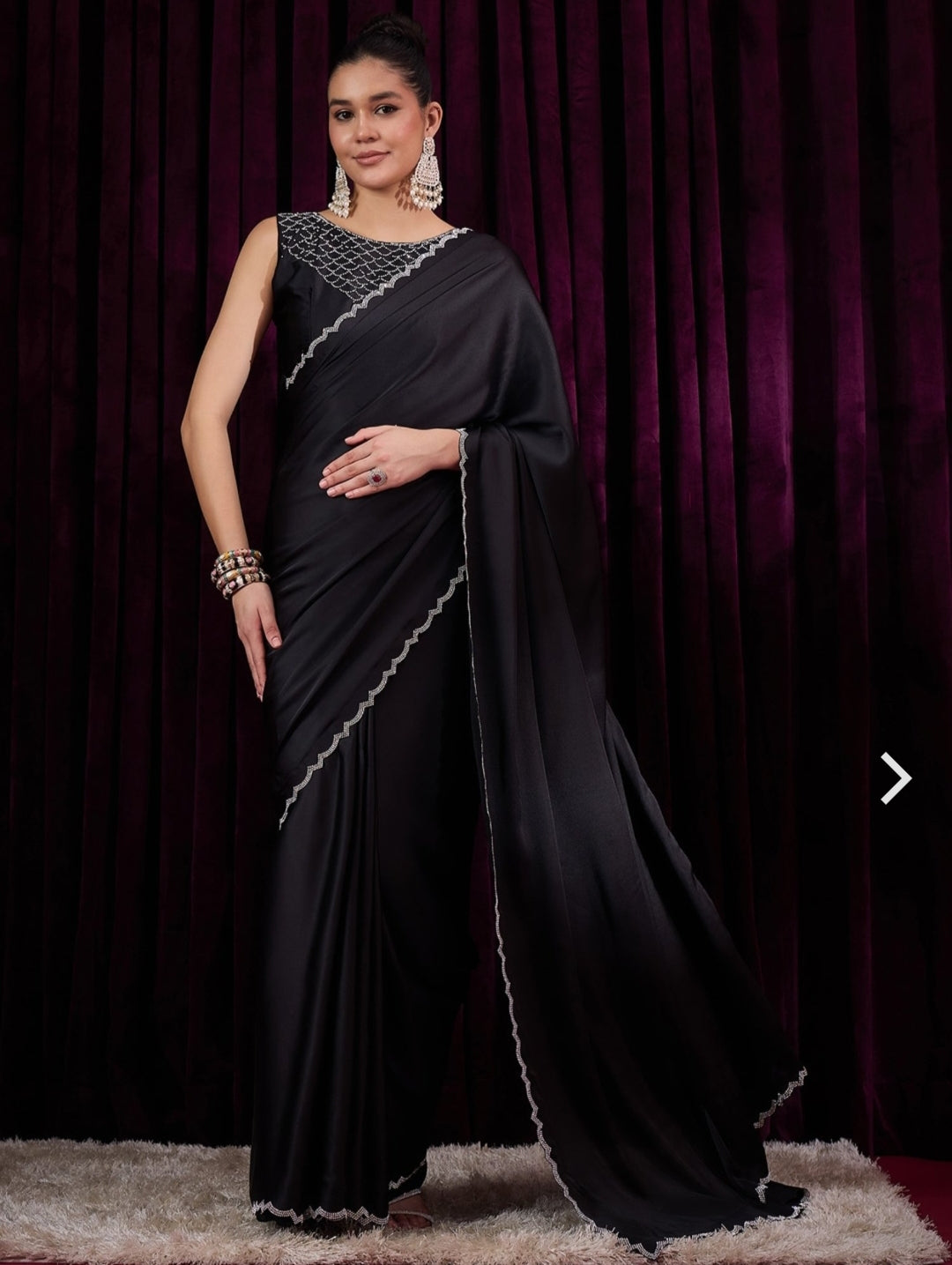 Women's Satin Silk Black color Zarkan work Saree with Blouse Piece Saree for WomenWomen's Satin Silk Black color Zarkan work Saree with Blouse Piece Saree for Women