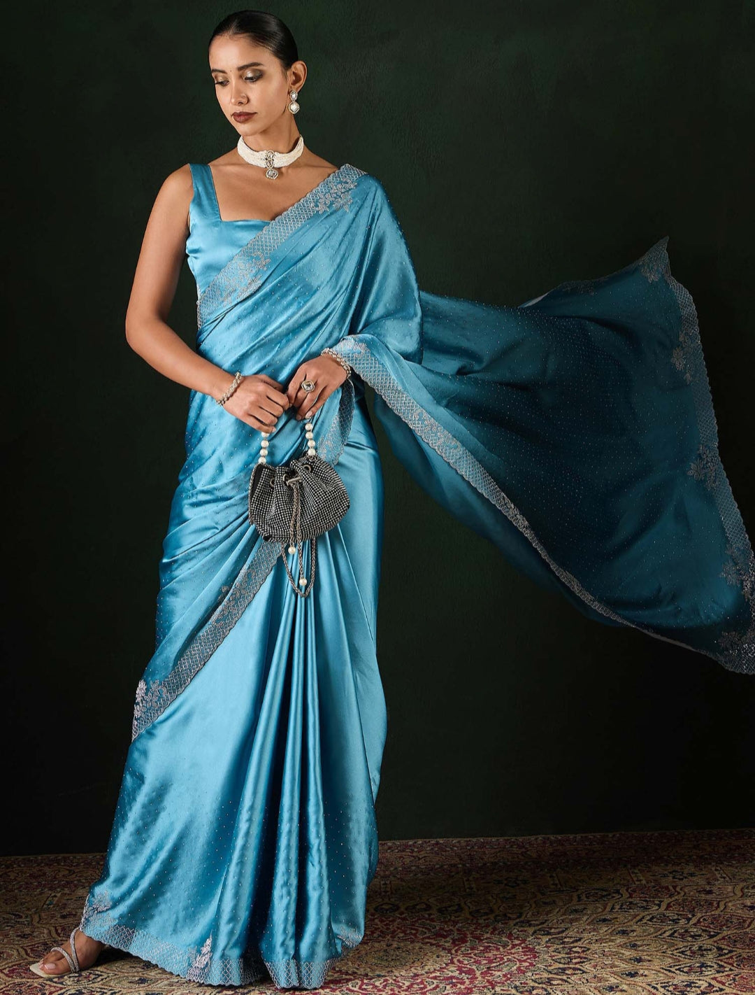 Women's Satin Teal Blue .Color Silk Siroski Work Saree with Cut Work Unstitch Blouse Piece
