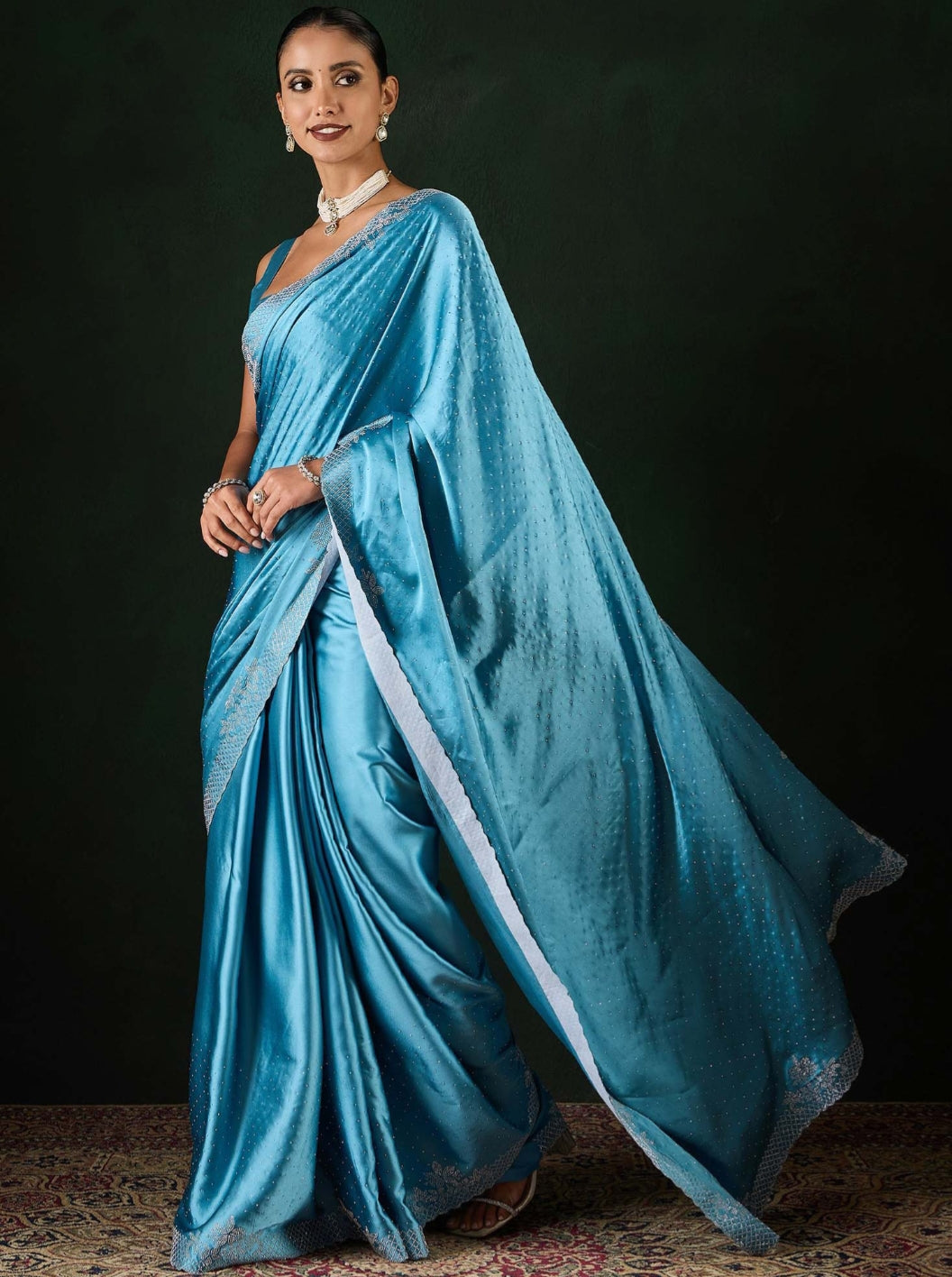 Women's Satin Teal Blue .Color Silk Siroski Work Saree with Cut Work Unstitch Blouse Piece