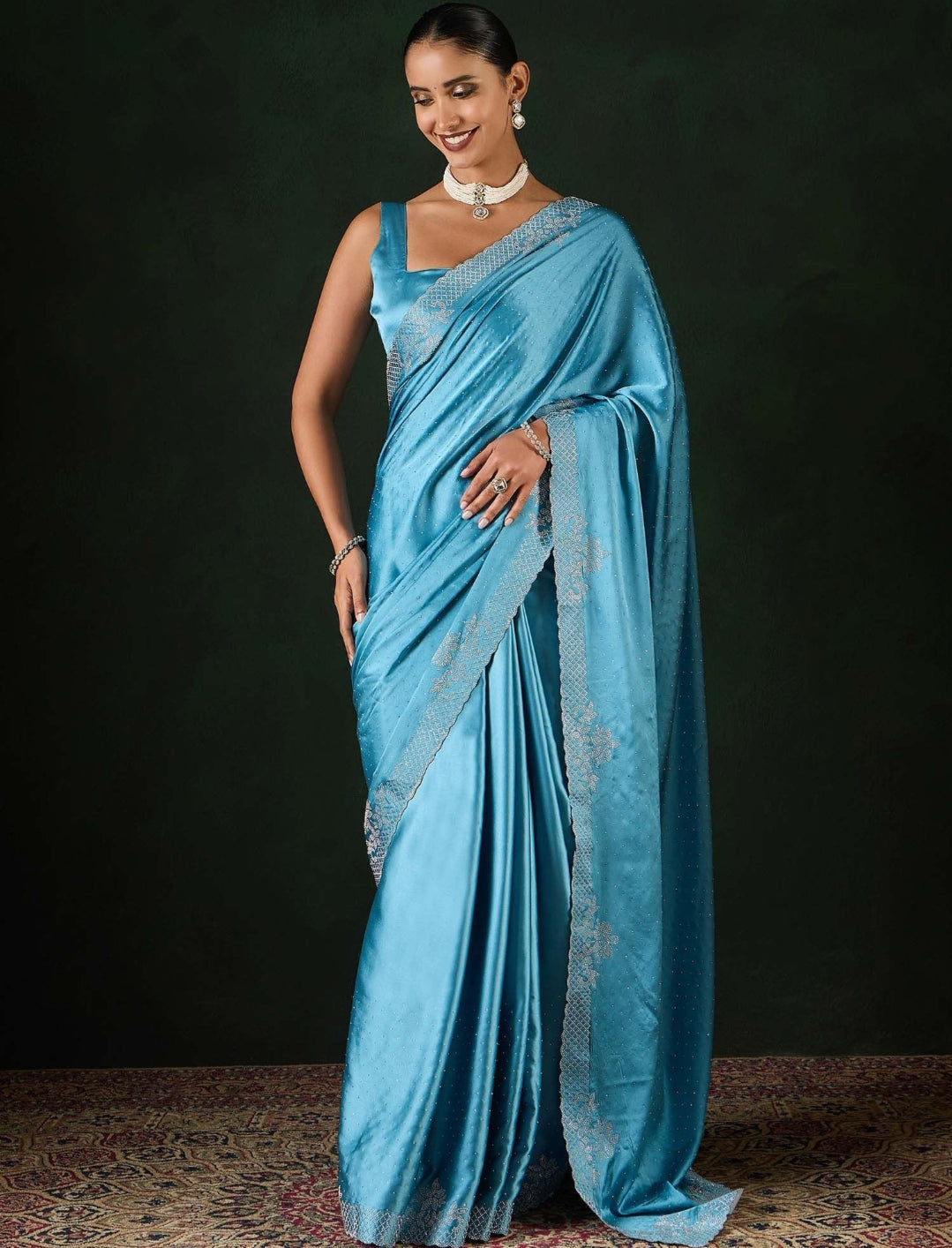 Women's Satin Teal Blue .Color Silk Siroski Work Saree with Cut Work Unstitch Blouse Piece