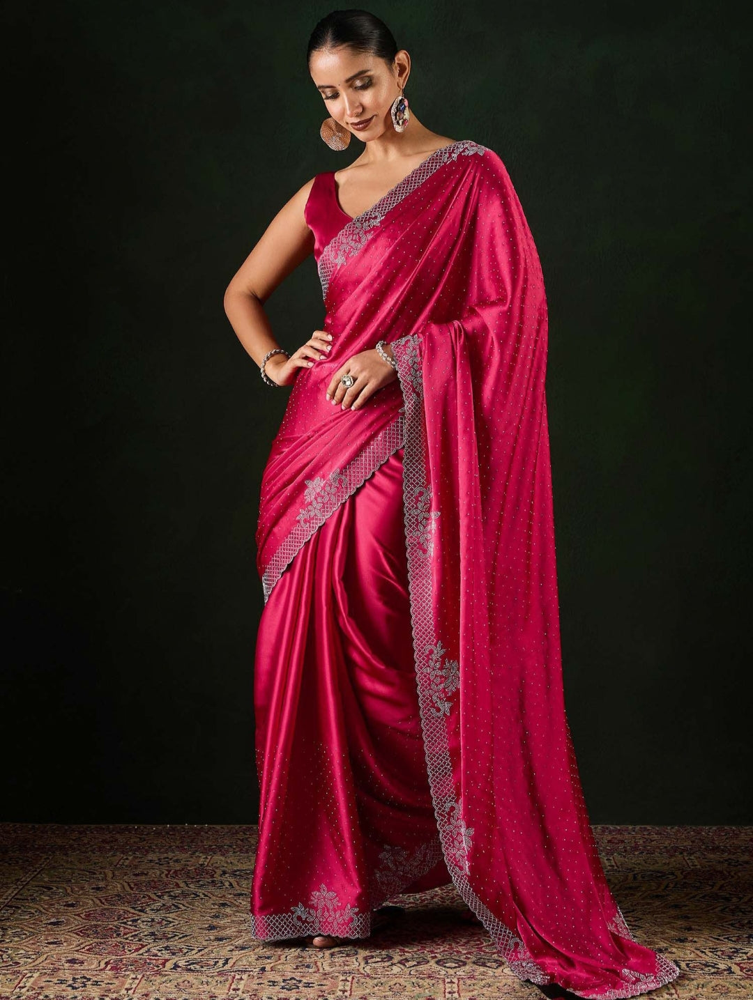 Women's Satin Teal Blue .Color Silk Siroski Work Saree with Cut Work Unstitch Blouse Piece