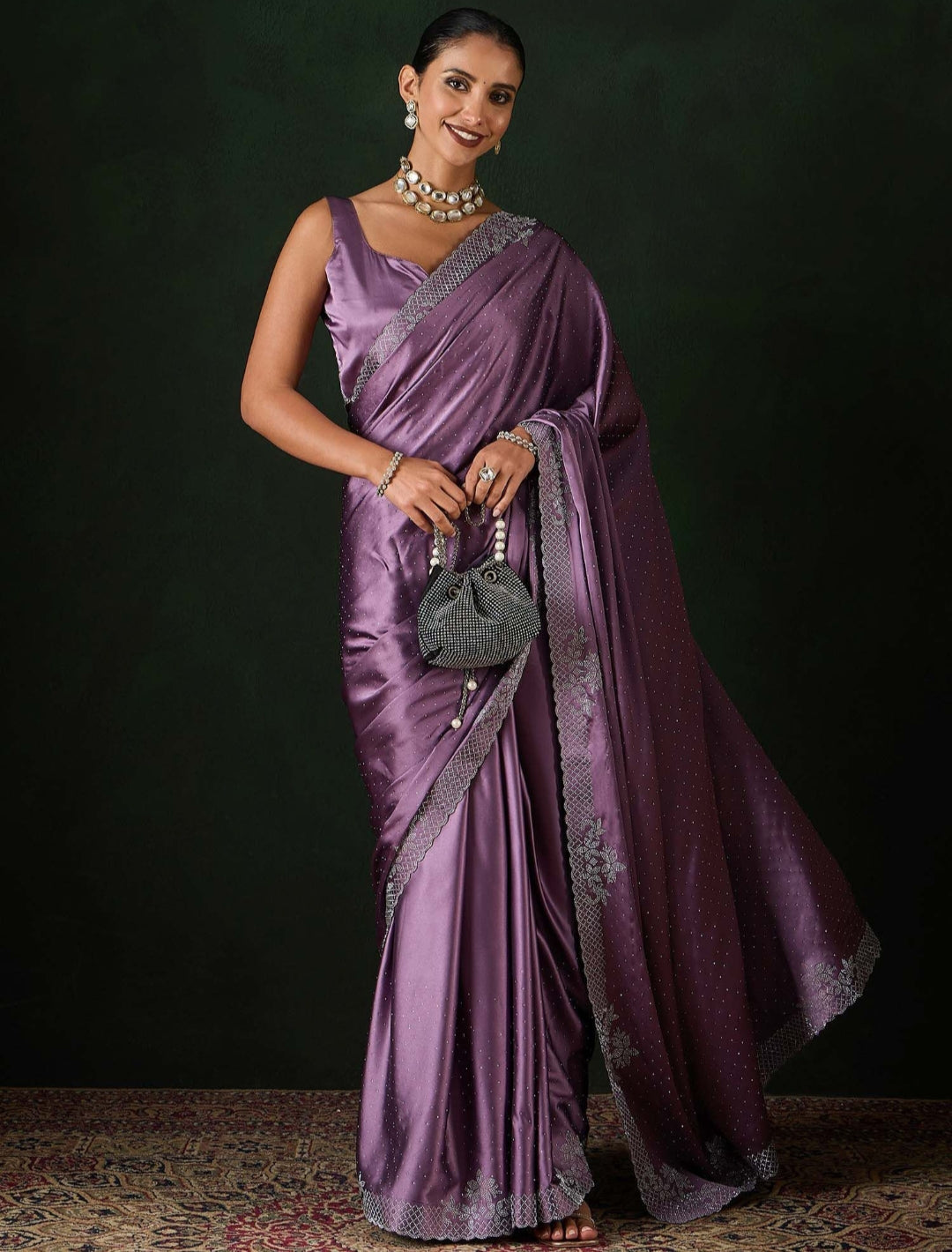 Women's Satin Teal Blue .Color Silk Siroski Work Saree with Cut Work Unstitch Blouse Piece