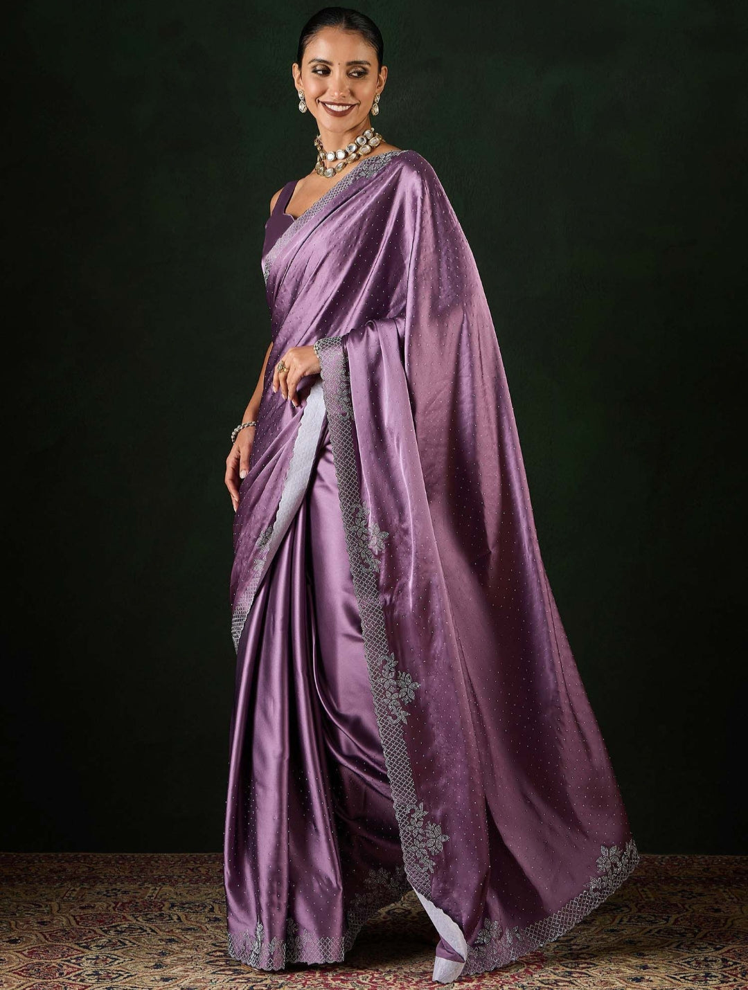 Women's Satin Teal Blue .Color Silk Siroski Work Saree with Cut Work Unstitch Blouse Piece