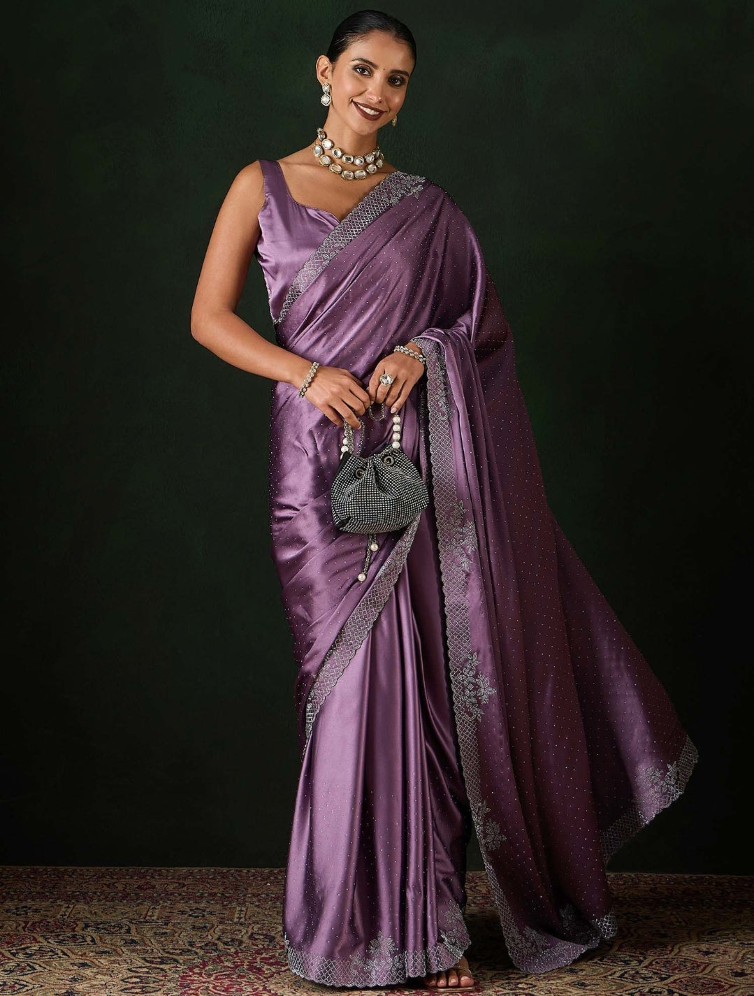 Women's Satin Teal Blue .Color Silk Siroski Work Saree with Cut Work Unstitch Blouse Piece