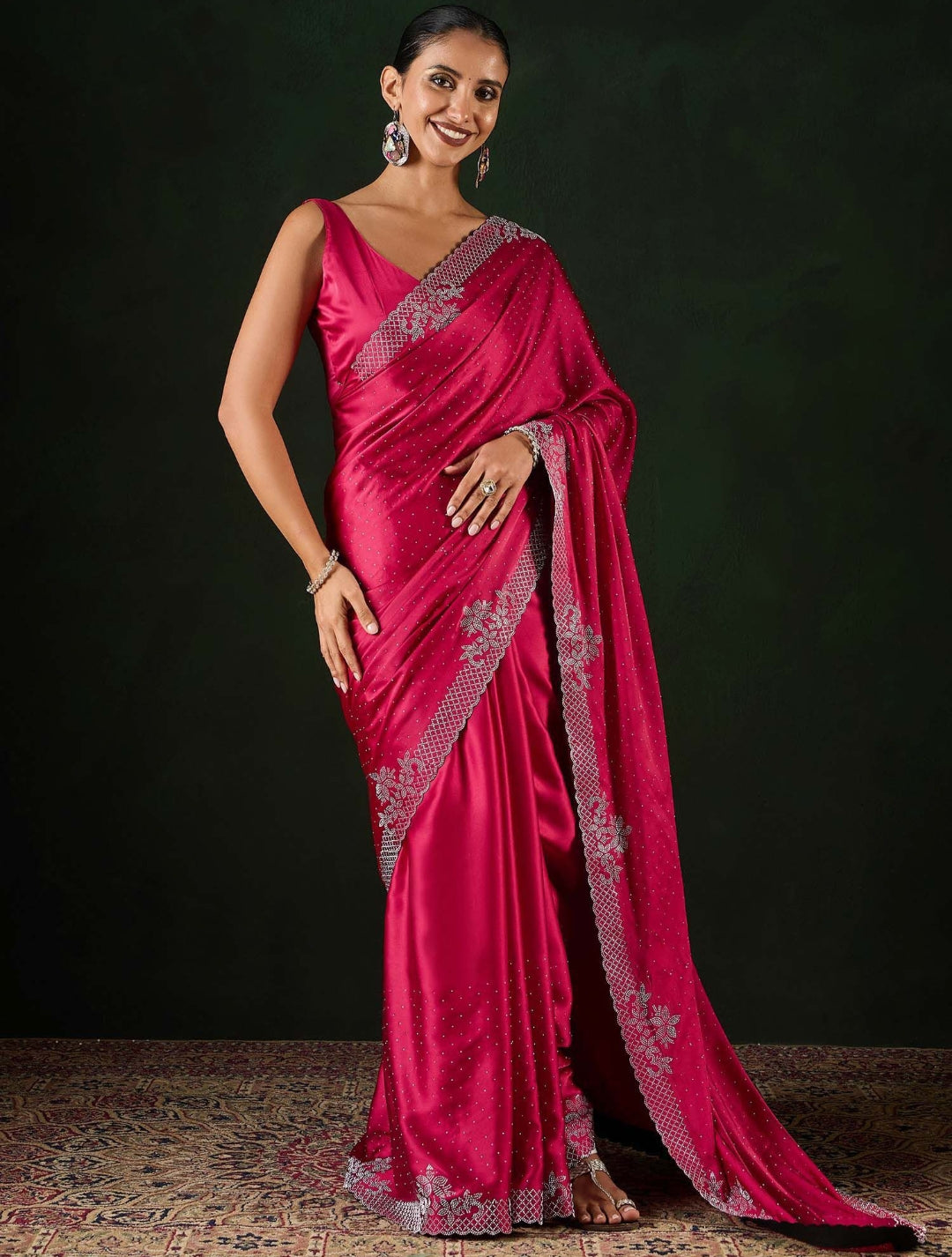 Women's Satin Teal Blue .Color Silk Siroski Work Saree with Cut Work Unstitch Blouse Piece