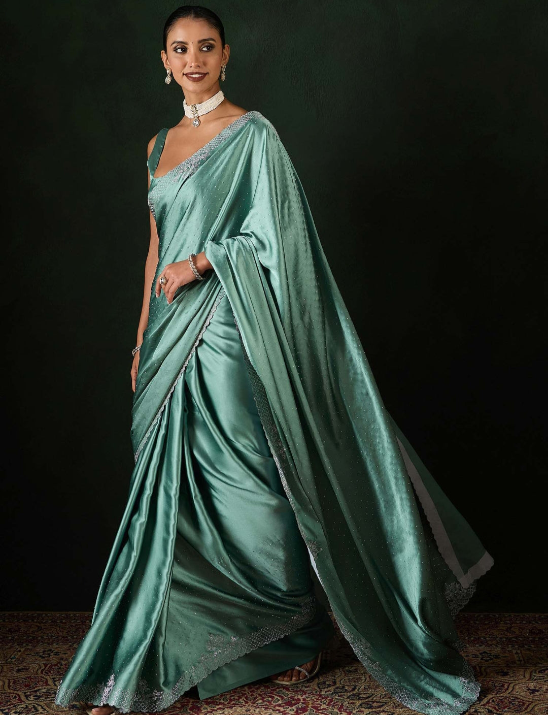 Women's Satin Teal Blue .Color Silk Siroski Work Saree with Cut Work Unstitch Blouse Piece