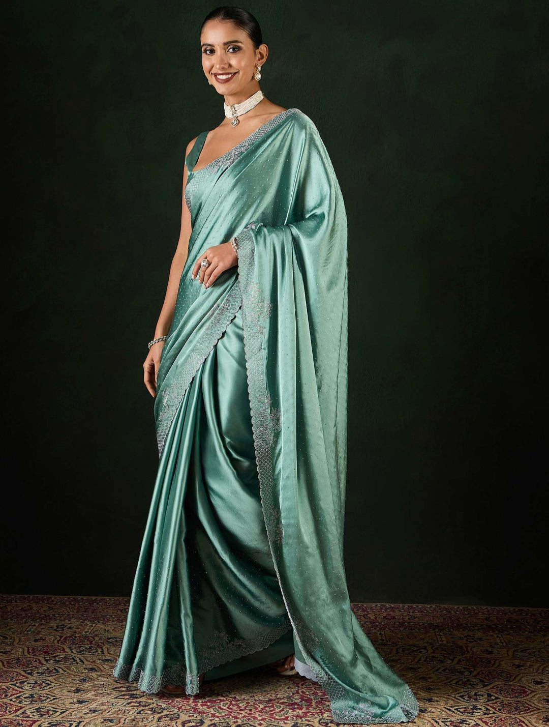 Women's Satin Teal Blue .Color Silk Siroski Work Saree with Cut Work Unstitch Blouse Piece