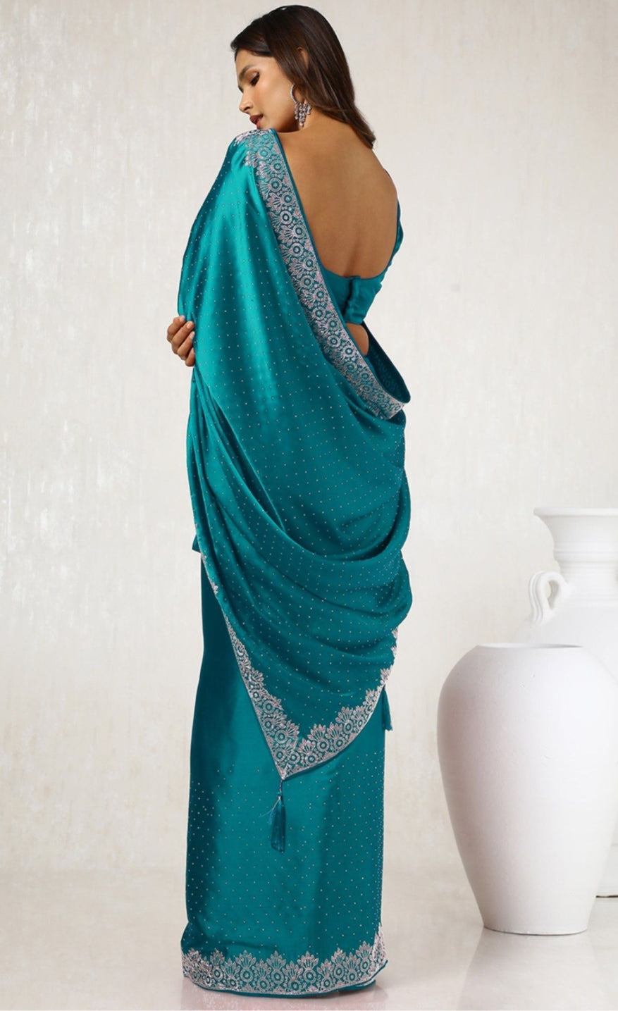 Women's Heavy Satin Light Pink Colors Silk Siroski Work Saree with Cut Work Unstitch Blouse Piece