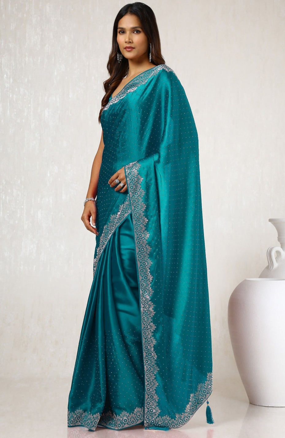 Women's Heavy Satin Light Pink Colors Silk Siroski Work Saree with Cut Work Unstitch Blouse Piece