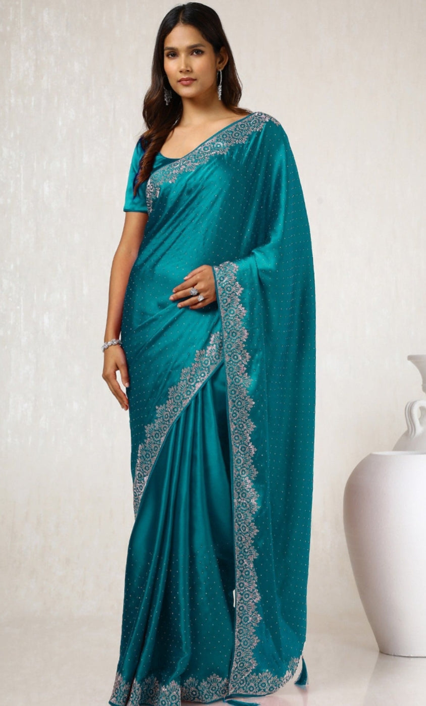 Women's Heavy Satin Light Pink Colors Silk Siroski Work Saree with Cut Work Unstitch Blouse Piece