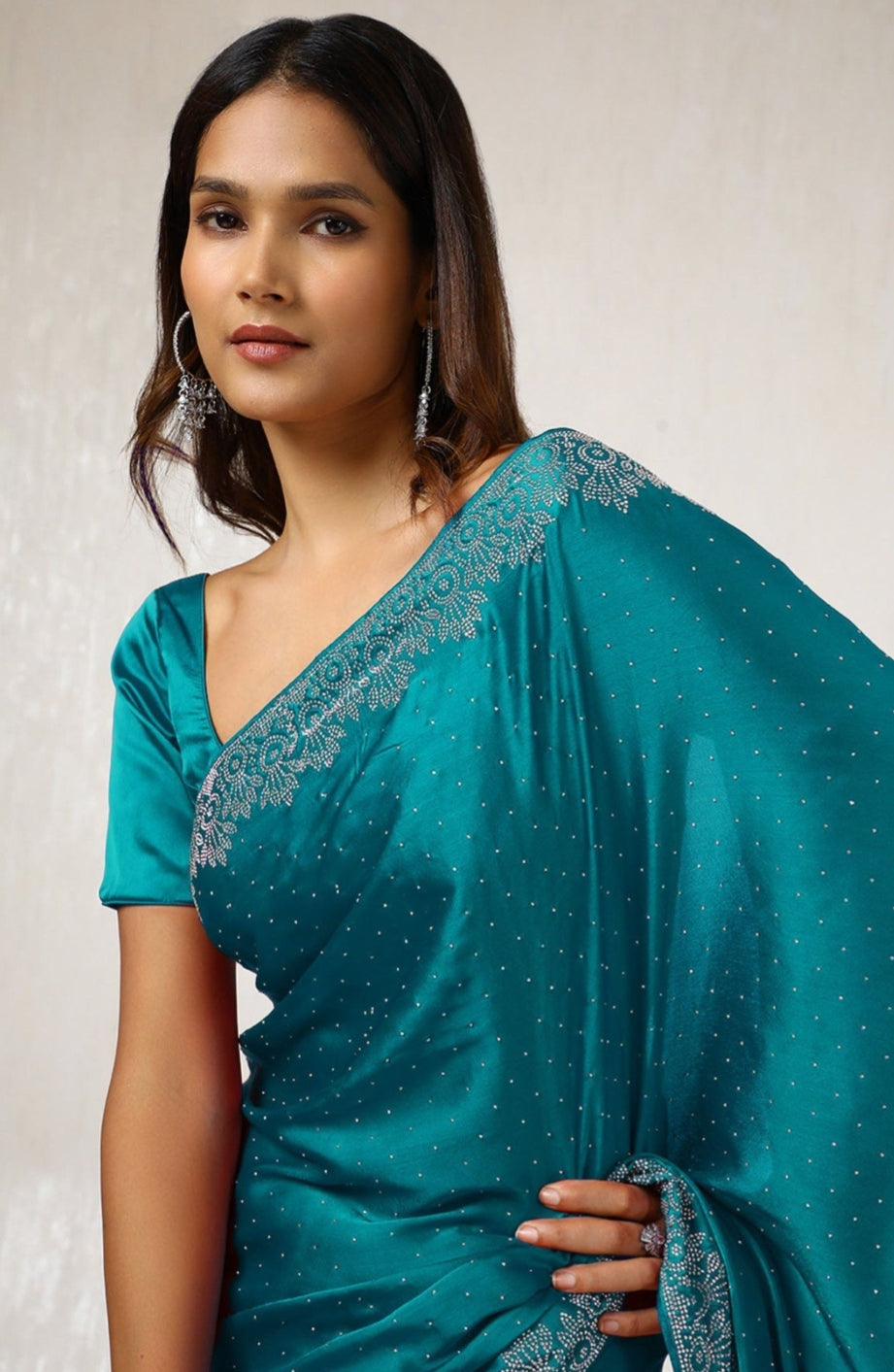 Women's Heavy Satin Light Pink Colors Silk Siroski Work Saree with Cut Work Unstitch Blouse Piece
