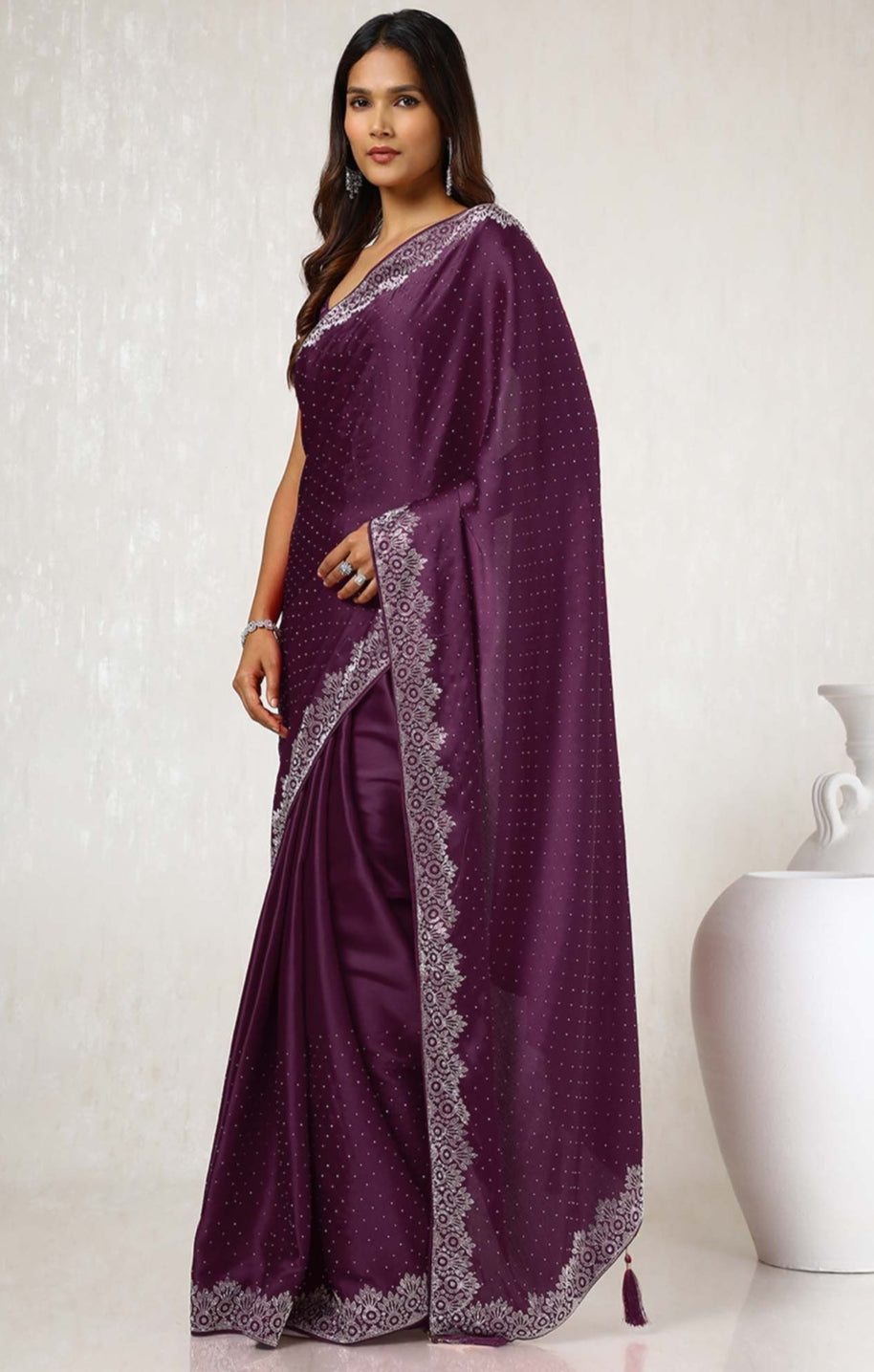 Women's Heavy Satin Light Pink Colors Silk Siroski Work Saree with Cut Work Unstitch Blouse Piece