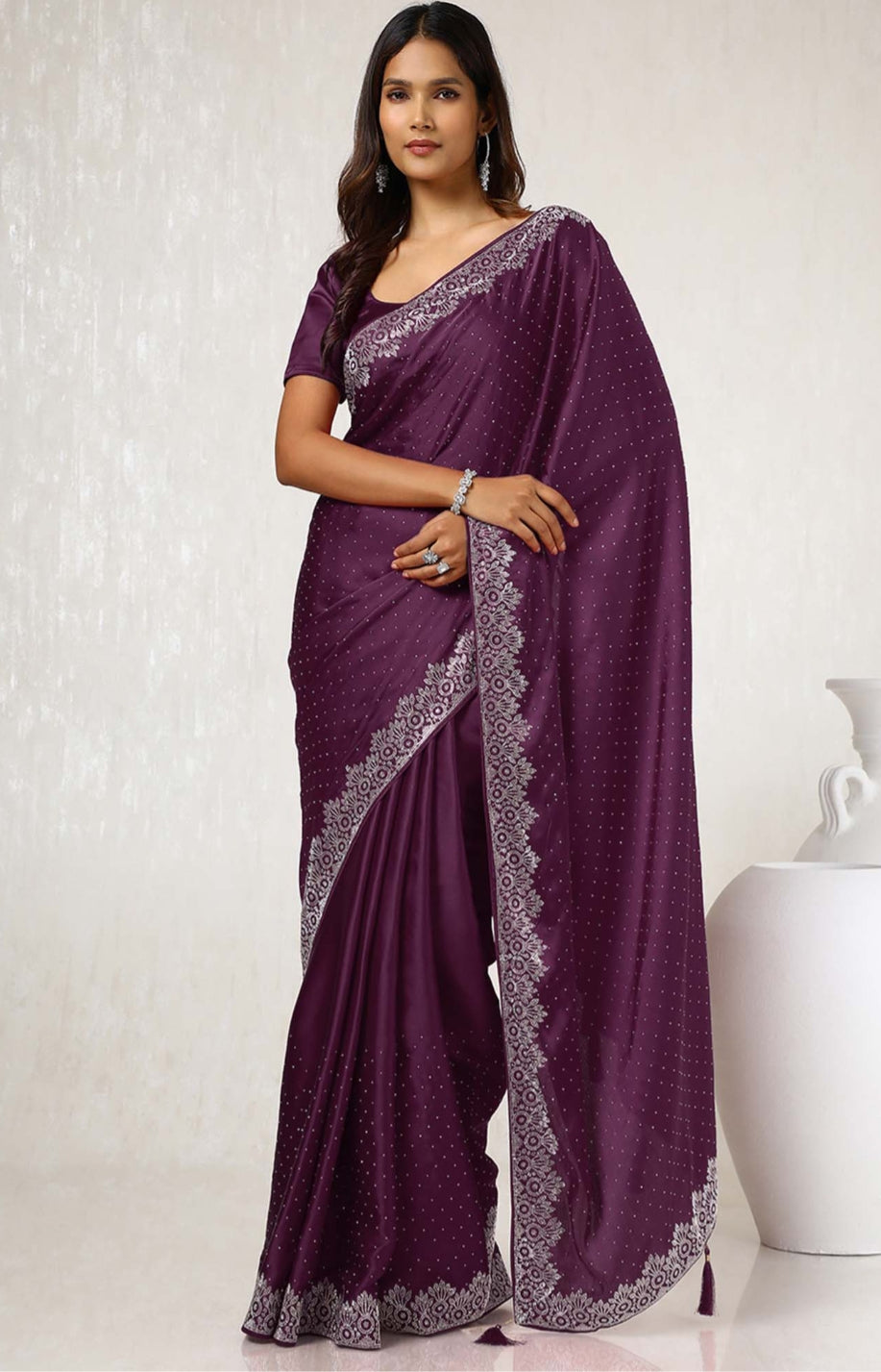 Women's Heavy Satin Light Pink Colors Silk Siroski Work Saree with Cut Work Unstitch Blouse Piece
