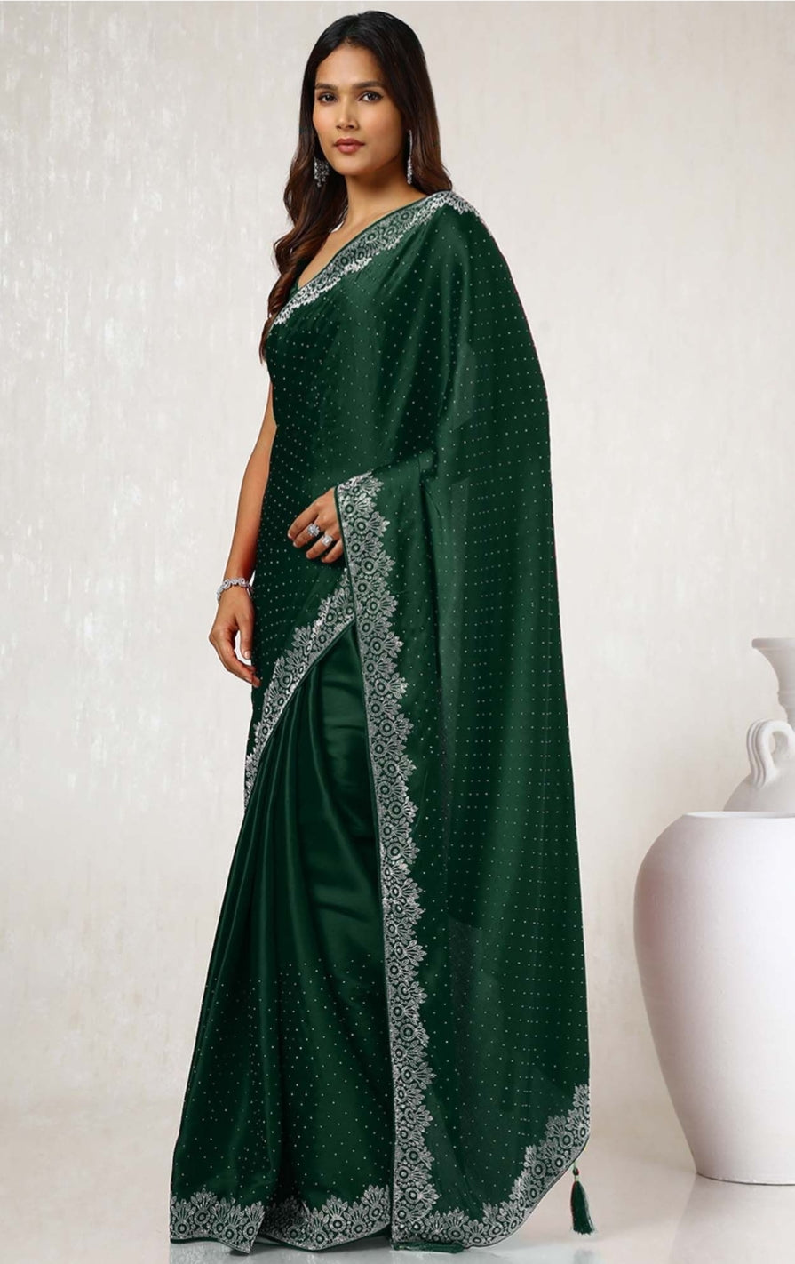 Women's Heavy Satin Light Pink Colors Silk Siroski Work Saree with Cut Work Unstitch Blouse Piece