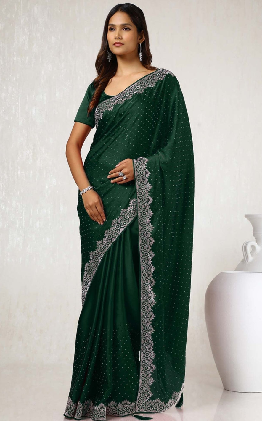 Women's Heavy Satin Light Pink Colors Silk Siroski Work Saree with Cut Work Unstitch Blouse Piece