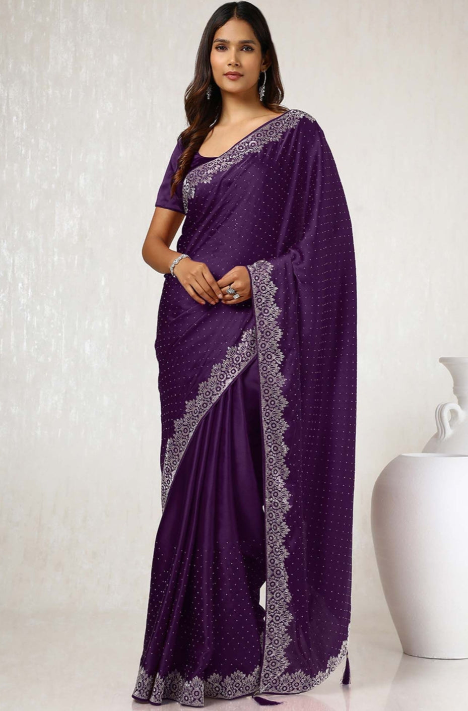 Women's Heavy Satin Light Pink Colors Silk Siroski Work Saree with Cut Work Unstitch Blouse Piece