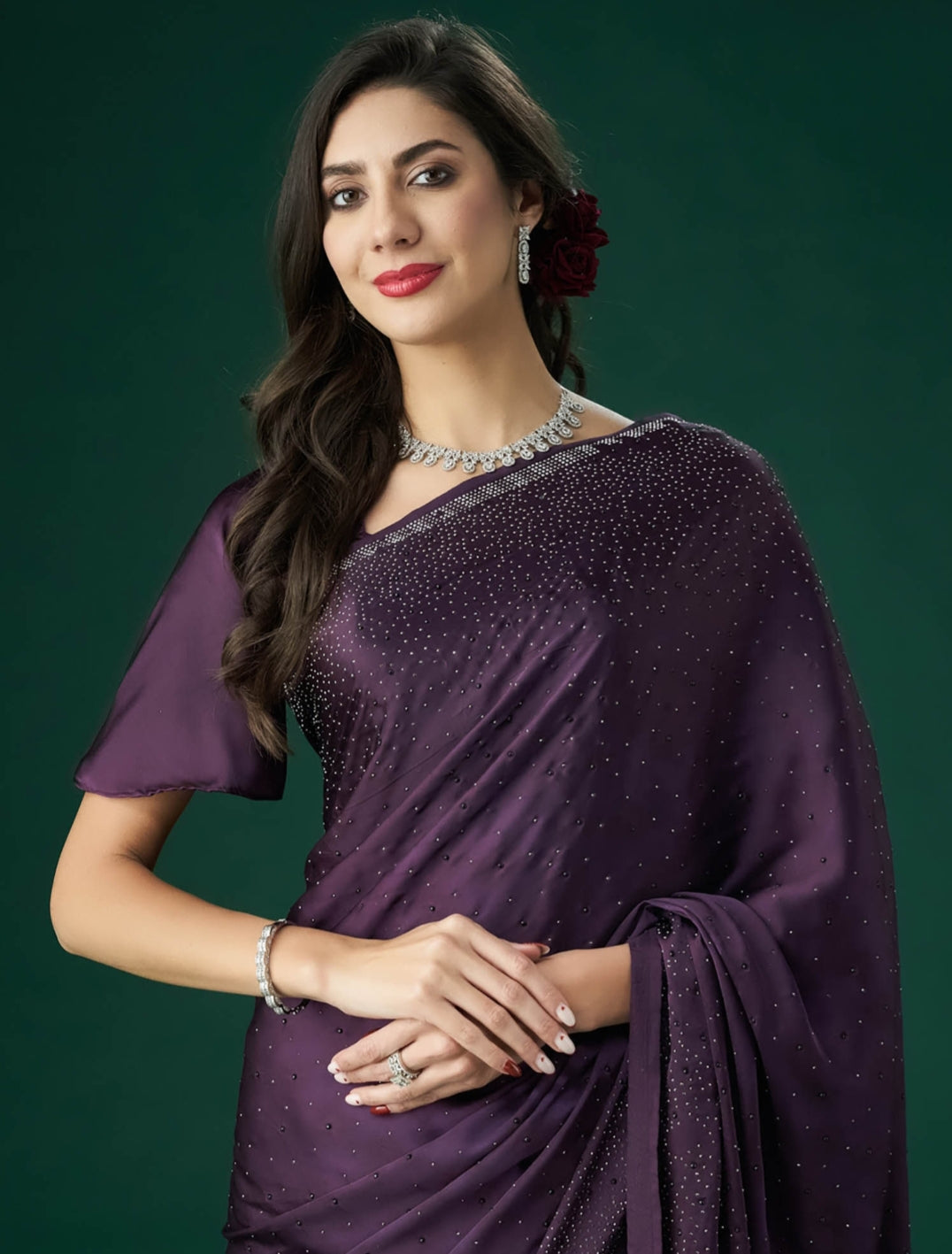 PURPLE Women's Heavy Satin silk Purple Colors Siroski work Saree with Unstitched Blouse Piece