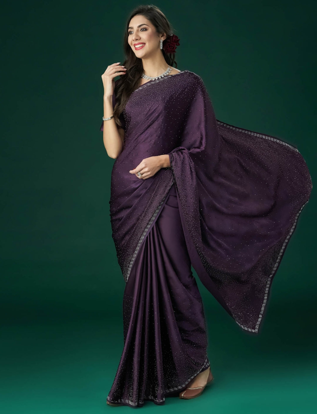 PURPLE Women's Heavy Satin silk Purple Colors Siroski work Saree with Unstitched Blouse Piece