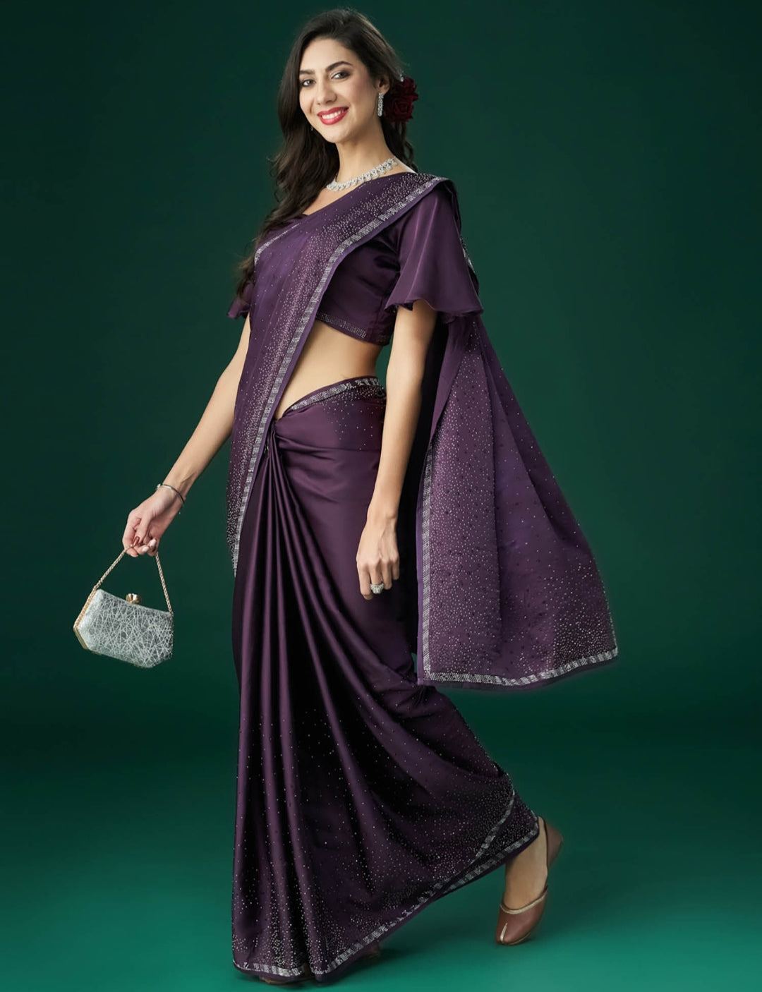 PURPLE Women's Heavy Satin silk Purple Colors Siroski work Saree with Unstitched Blouse Piece
