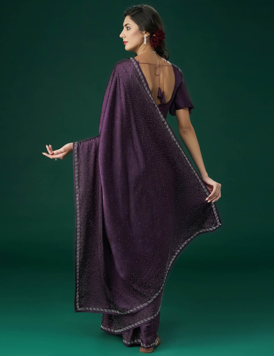 PURPLE Women's Heavy Satin silk Purple Colors Siroski work Saree with Unstitched Blouse Piece