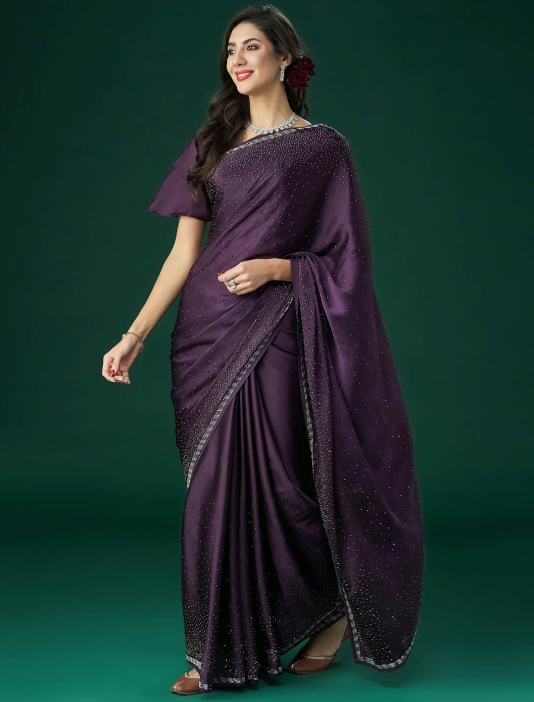PURPLE Women's Heavy Satin silk Purple Colors Siroski work Saree with Unstitched Blouse Piece