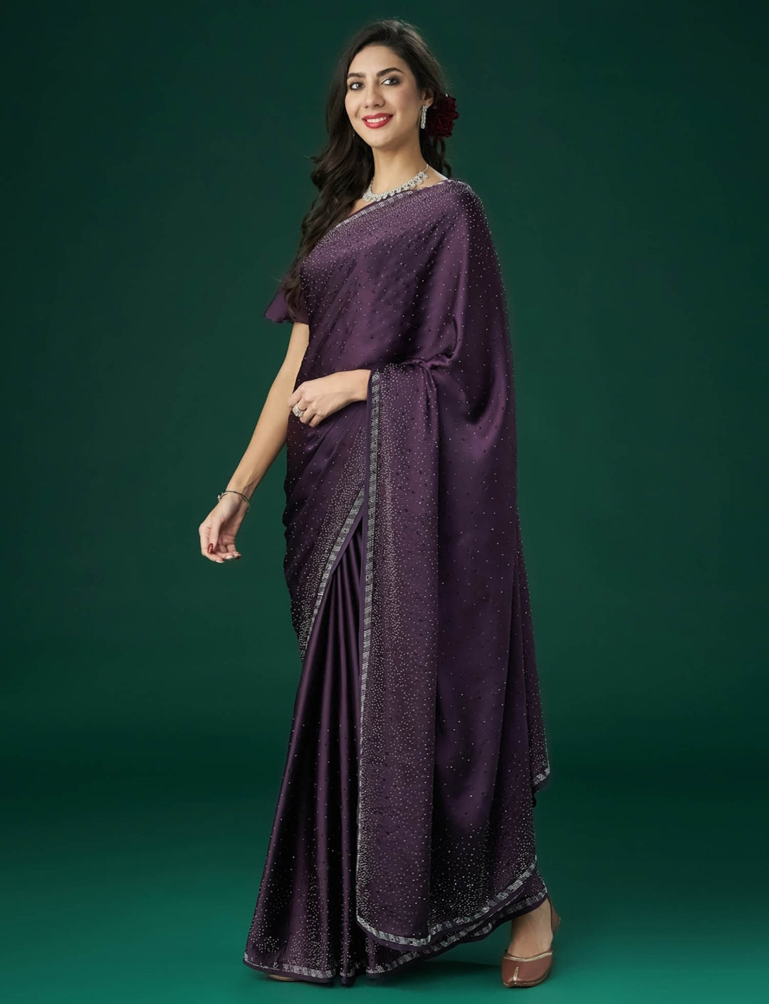 PURPLE Women's Heavy Satin silk Purple Colors Siroski work Saree with Unstitched Blouse Piece