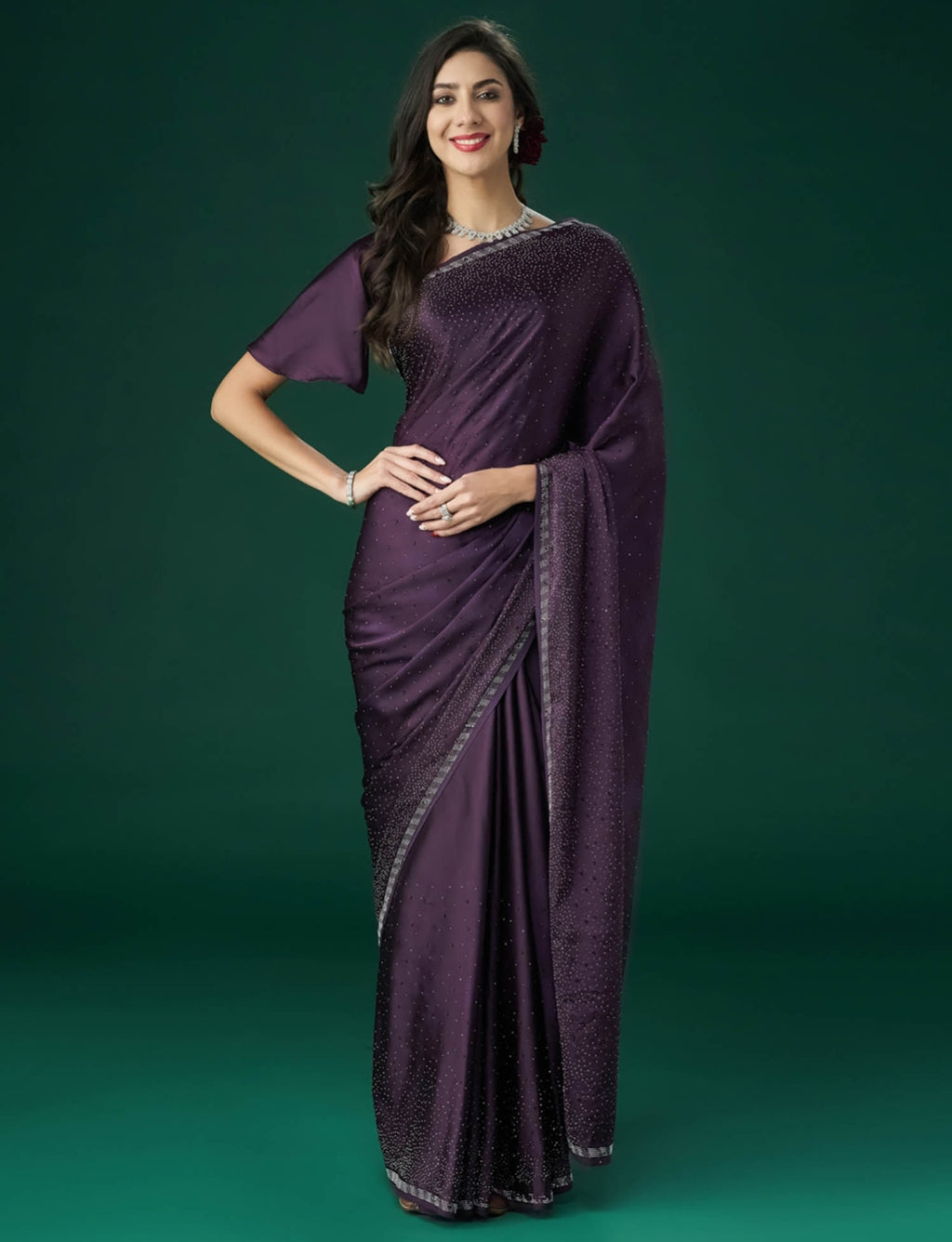 PURPLE Women's Heavy Satin silk Purple Colors Siroski work Saree with Unstitched Blouse Piece