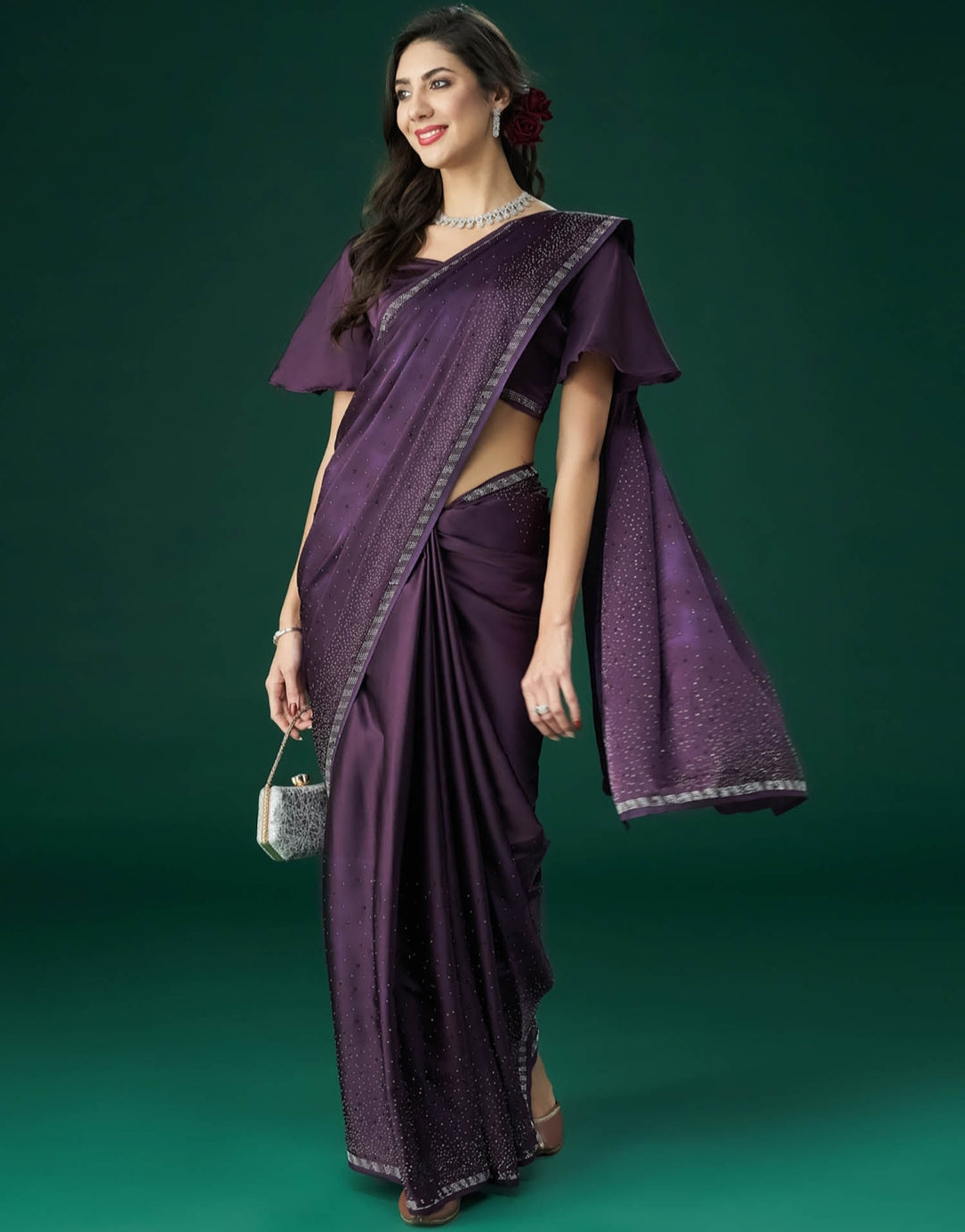 PURPLE Women's Heavy Satin silk Purple Colors Siroski work Saree with Unstitched Blouse Piece