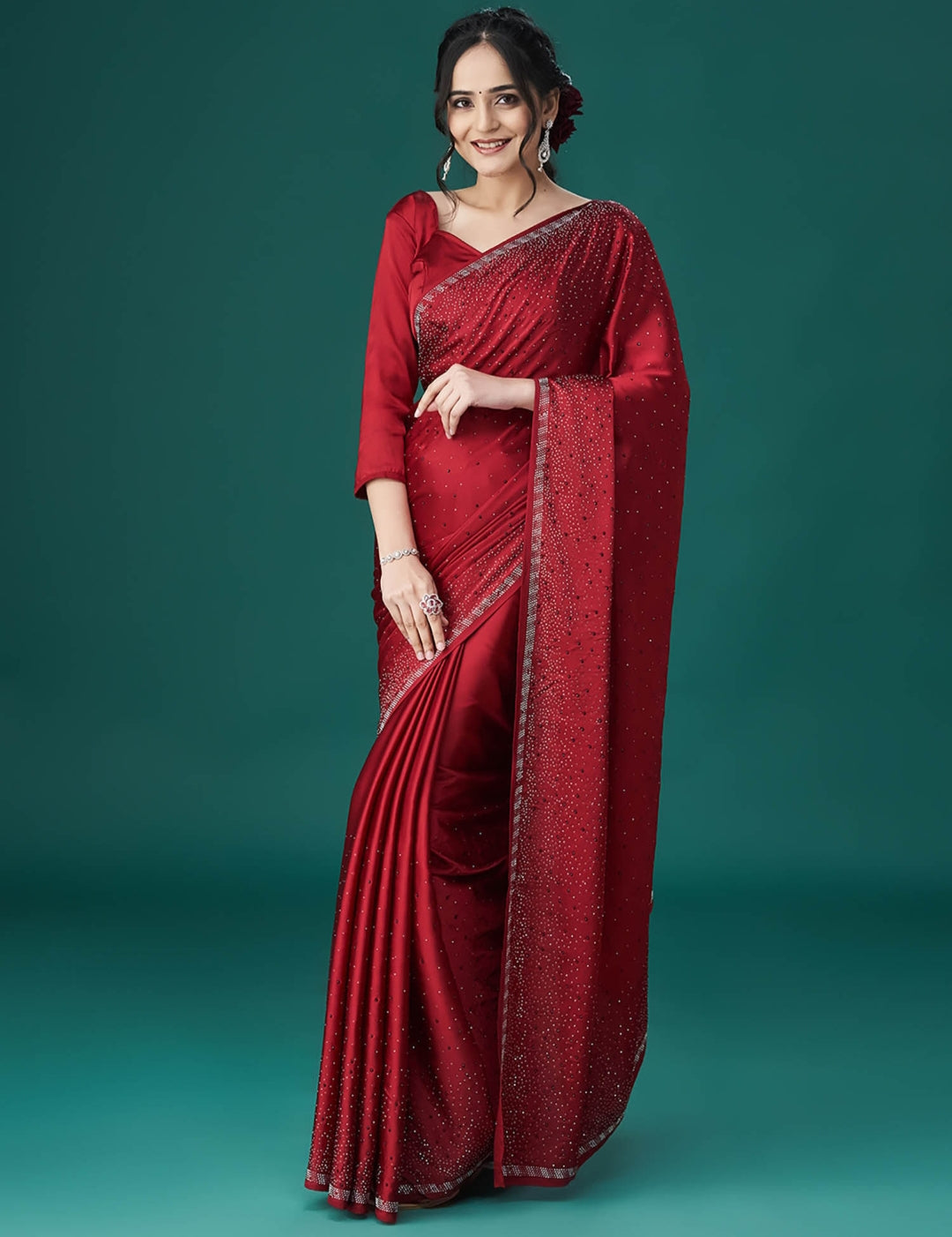 Women's Heavy Satin silk Purple Colors Siroski work Saree with Unstitched Blouse Piece