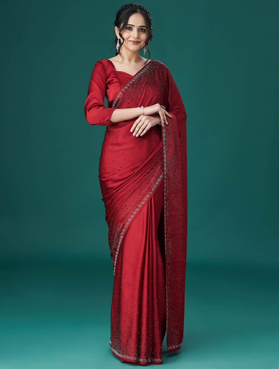 Women's Heavy Satin silk Purple Colors Siroski work Saree with Unstitched Blouse Piece