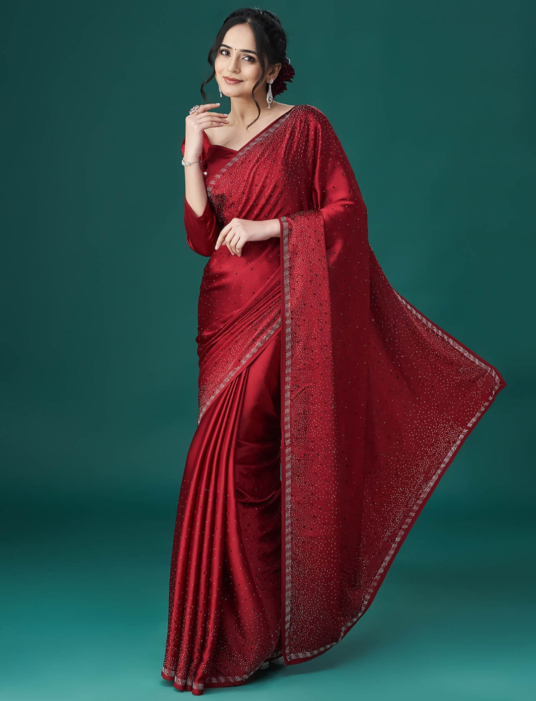 Women's Heavy Satin silk Purple Colors Siroski work Saree with Unstitched Blouse Piece